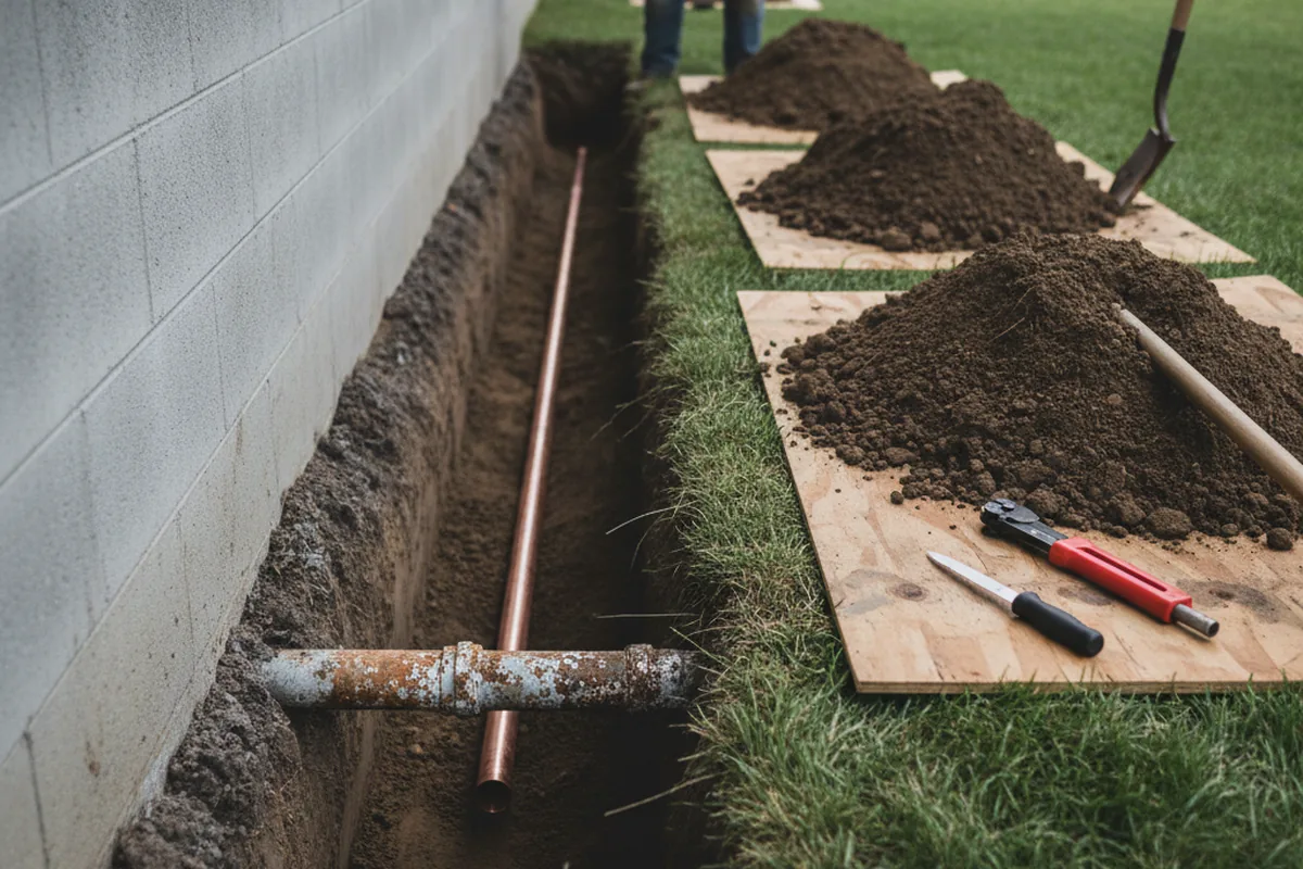 Excavated water line trench during Water Heater Repair in Delta